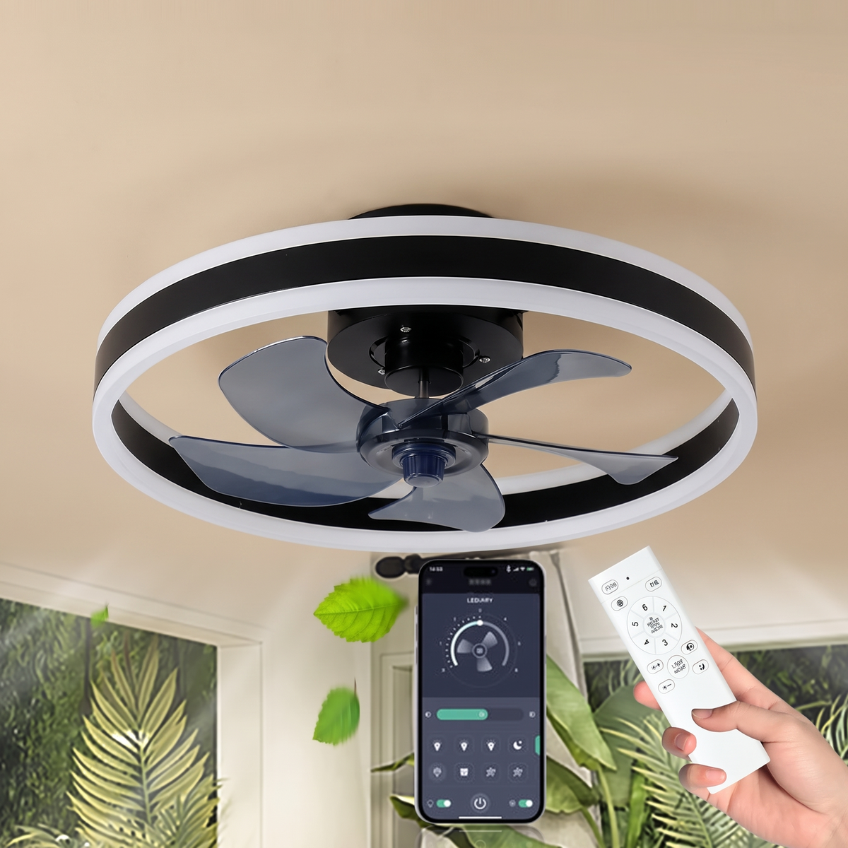 Orbit LED ring ceiling fan in midnight black, studio product shot