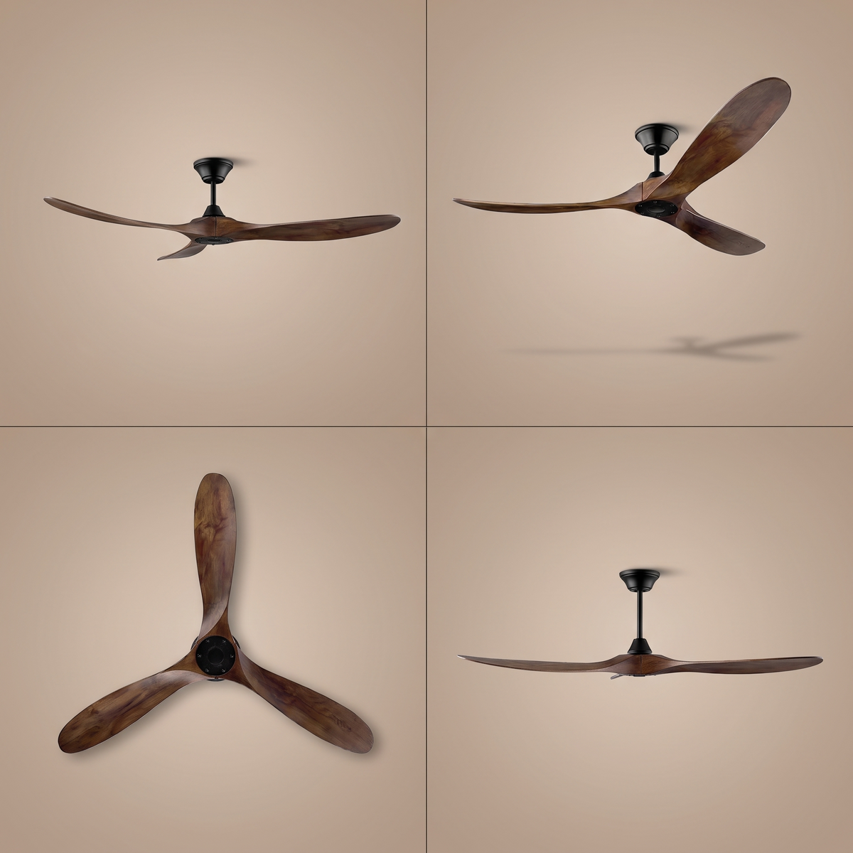 Karri ceiling fan shown from four angles