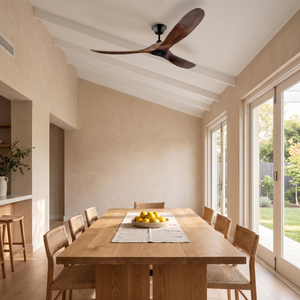 Karri ceiling fan installed above a dining table on a raked ceiling