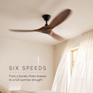 Karri ceiling fan six speeds, blades spinning in a summer bedroom