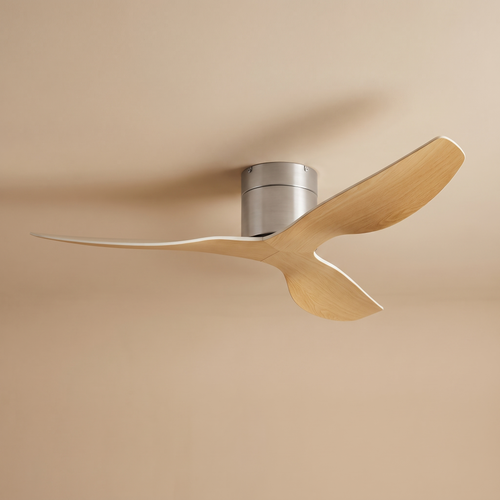 Coogee flush mount ceiling fan in ivory and oak, studio product shot