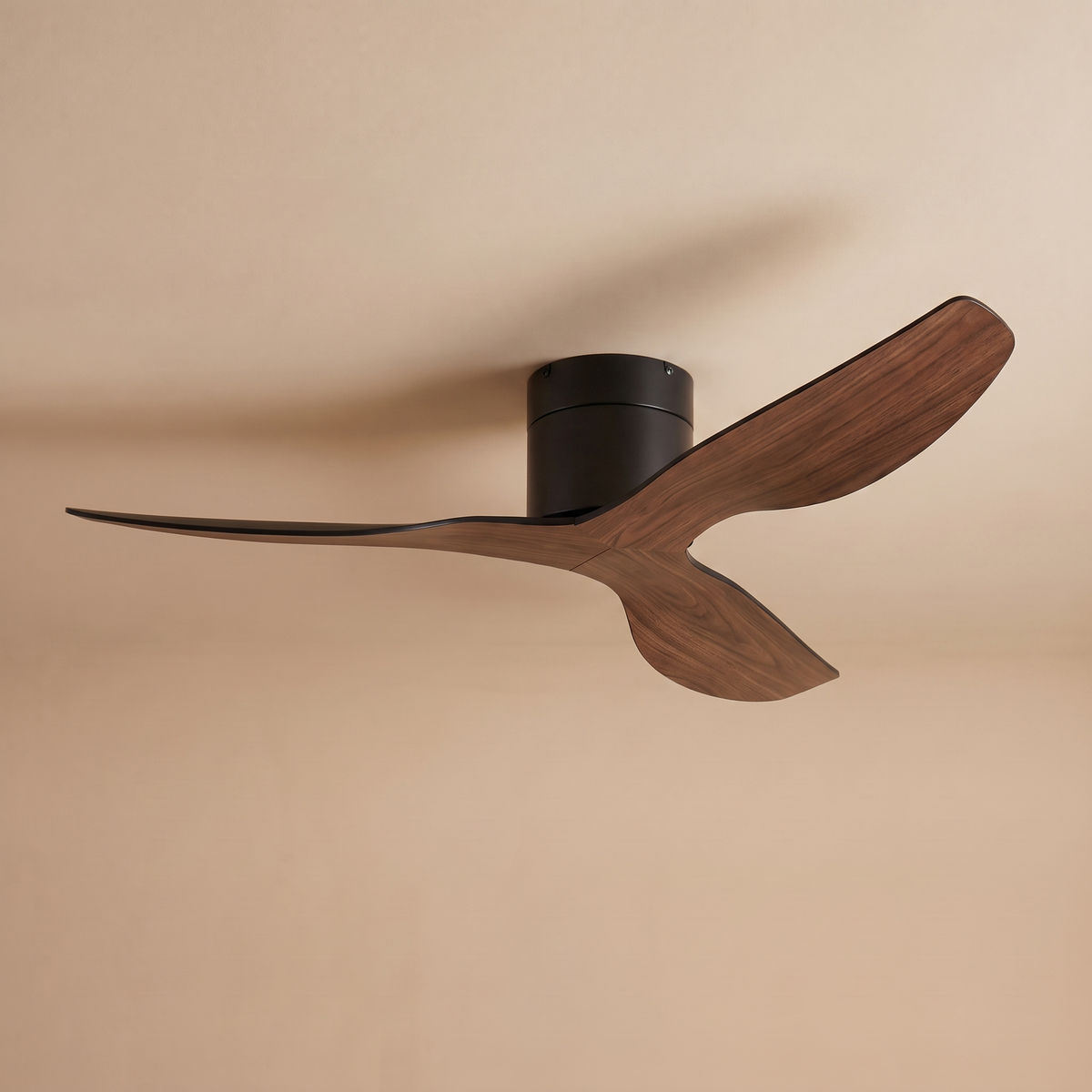 Coogee flush mount ceiling fan in black and walnut, studio product shot