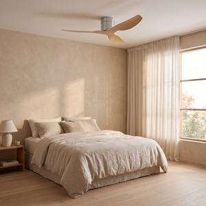 Coogee ceiling fan flush mounted in a low ceiling bedroom