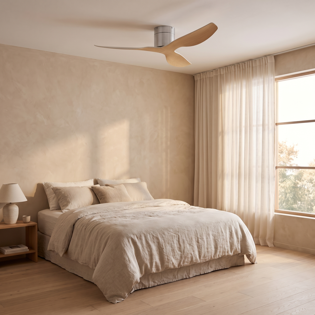Coogee ceiling fan flush mounted in a low ceiling bedroom