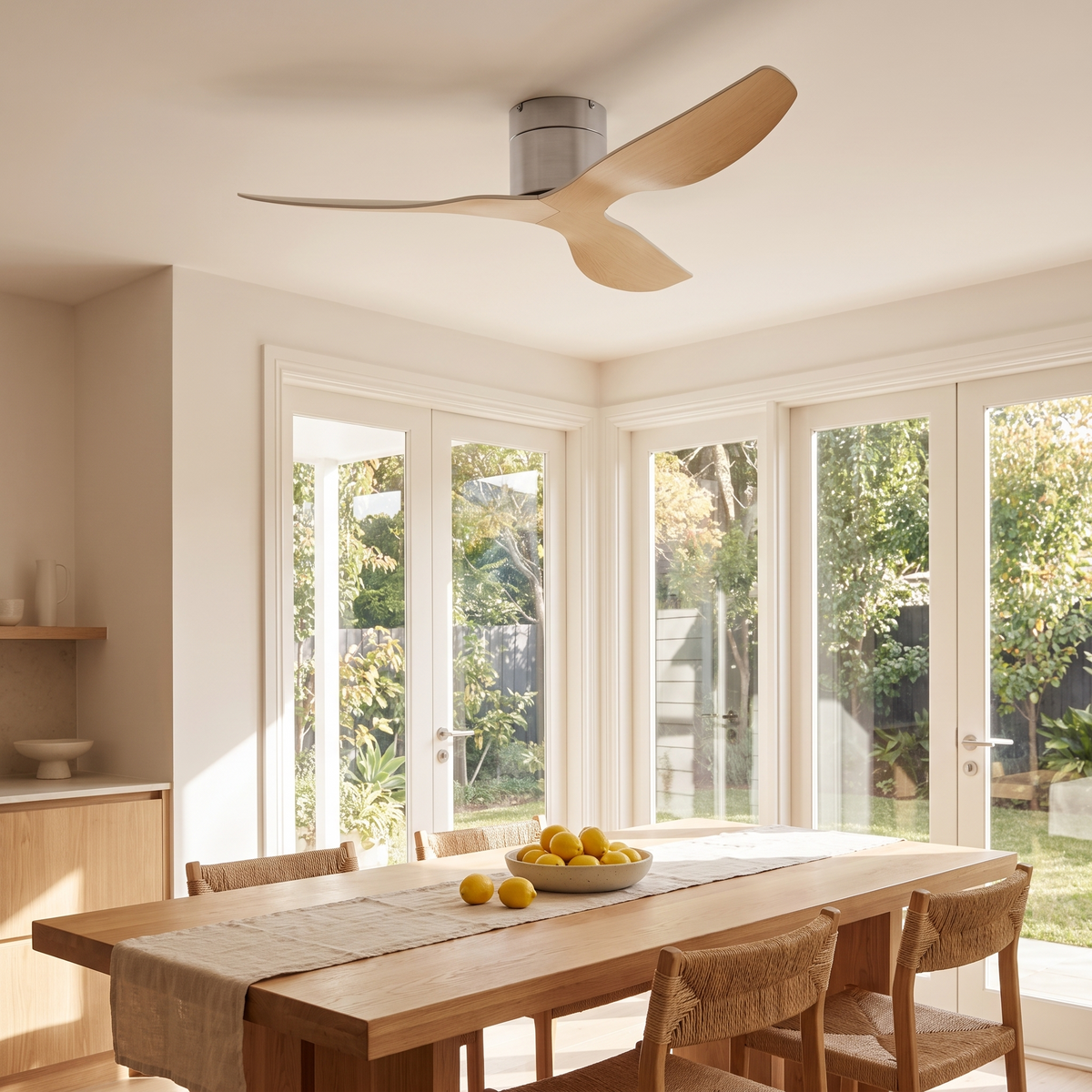 Coogee ceiling fan flush mounted above a dining table