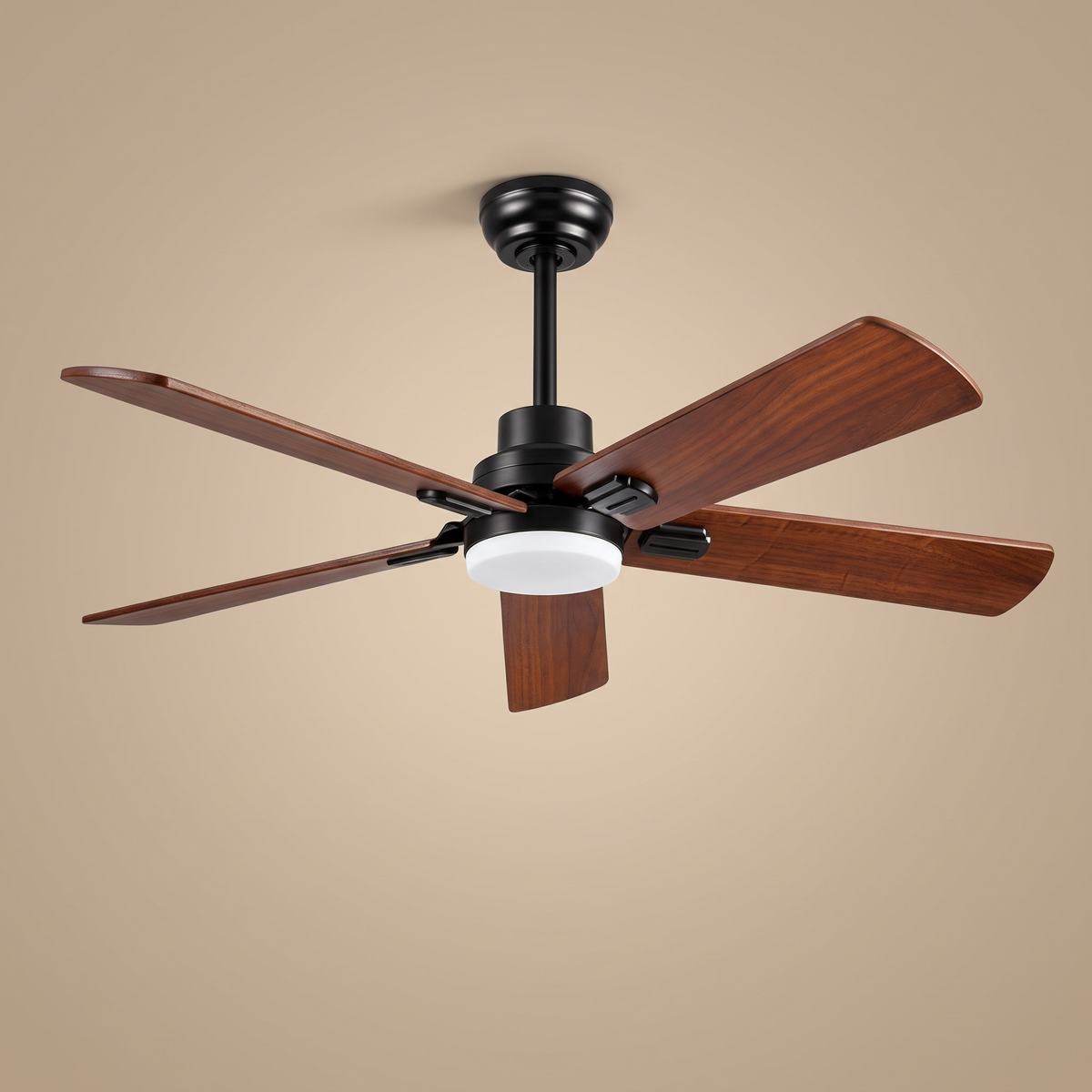 Jarrah walnut ceiling fan with integrated LED, studio product shot