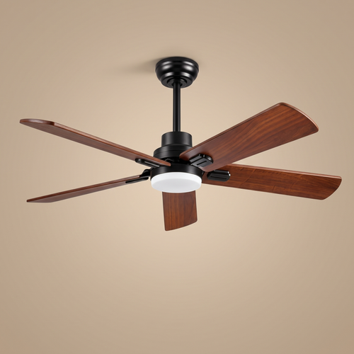 Jarrah walnut ceiling fan with integrated LED, studio product shot