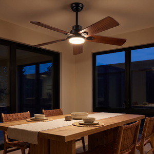 Jarrah ceiling fan with its LED lit in the evening