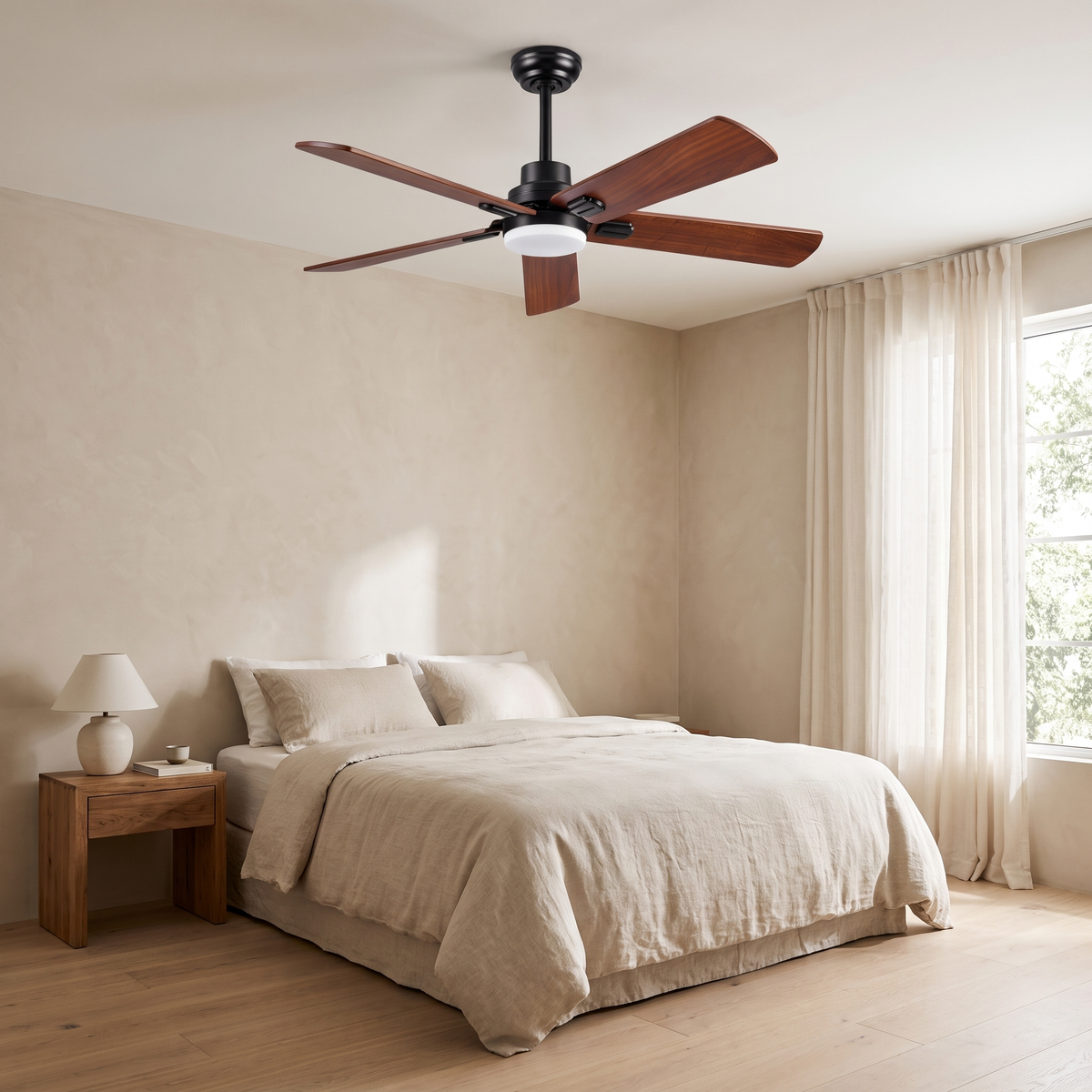 Jarrah ceiling fan installed in a bedroom