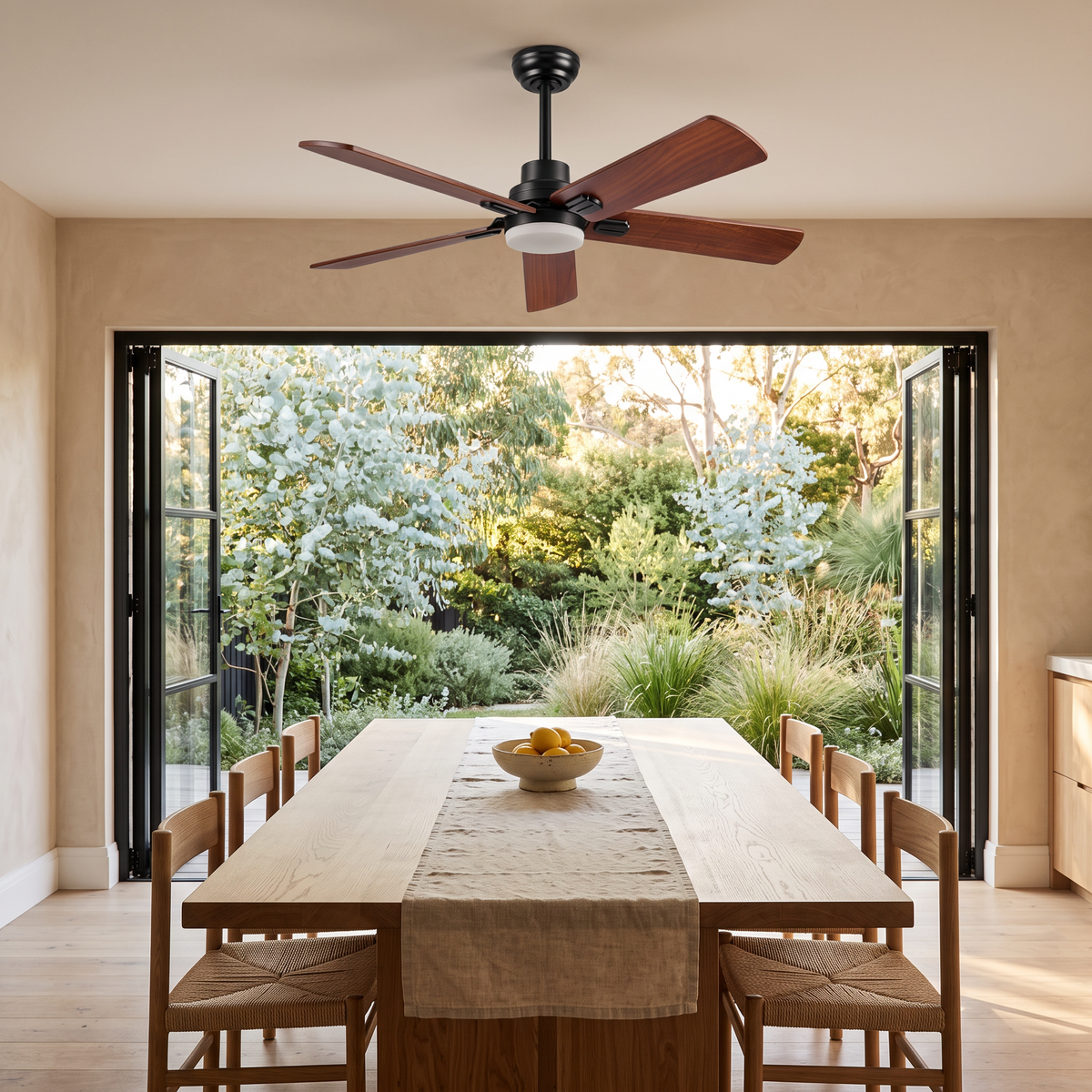 Jarrah ceiling fan installed above a dining table