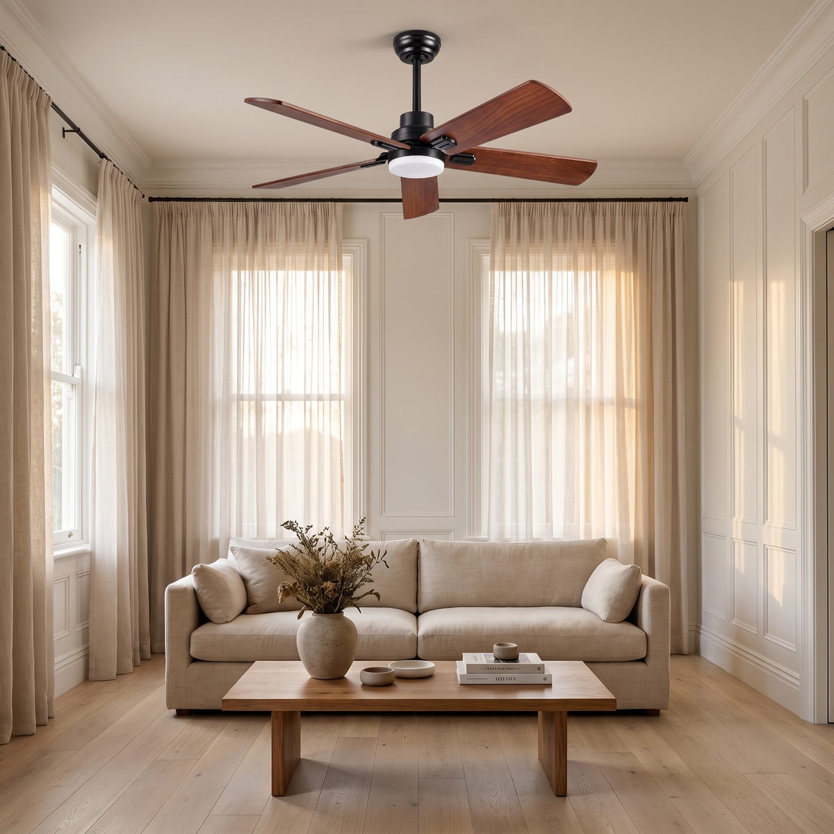 Jarrah ceiling fan installed in a living room