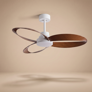 Sorrento designer ceiling fan in white and walnut, studio product shot