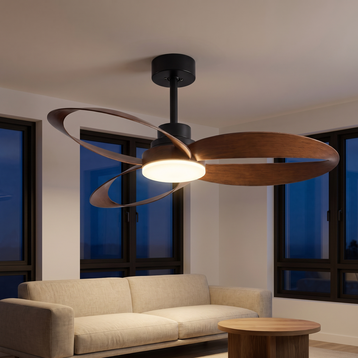 Sorrento ceiling fan with its LED lit in the evening