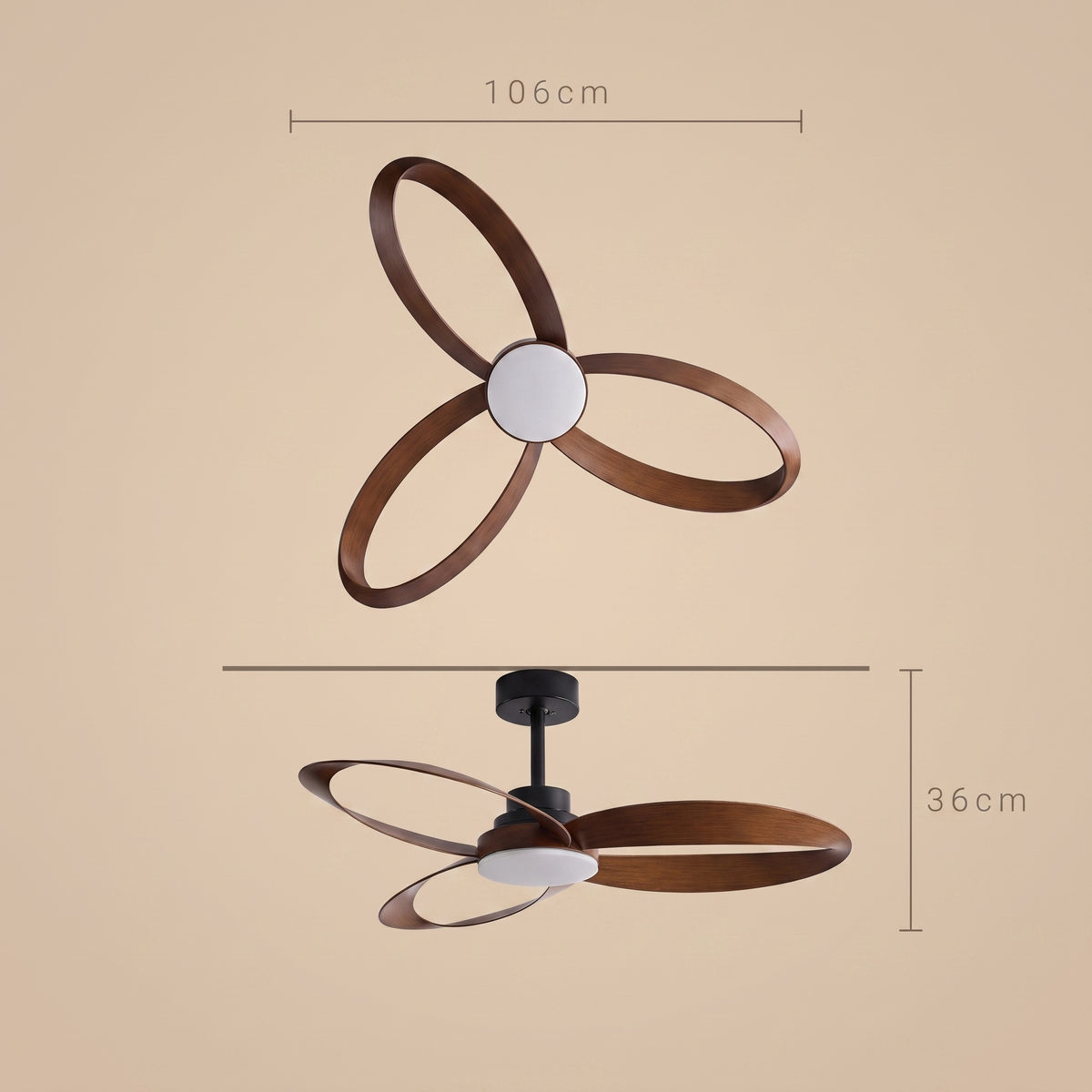 Sorrento ceiling fan dimensions, 106 cm blade span and 36 cm height