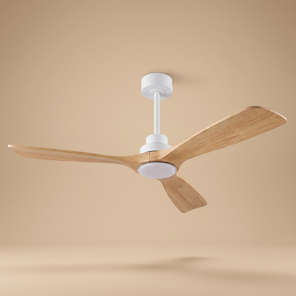 Bronte Scandinavian ceiling fan, timber blades and white housing, studio product shot