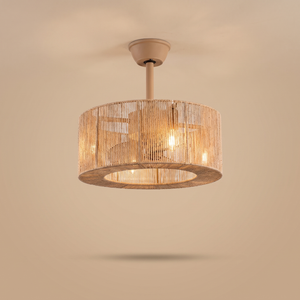 Dune rope wrapped drum ceiling fan with hidden LED, studio product shot