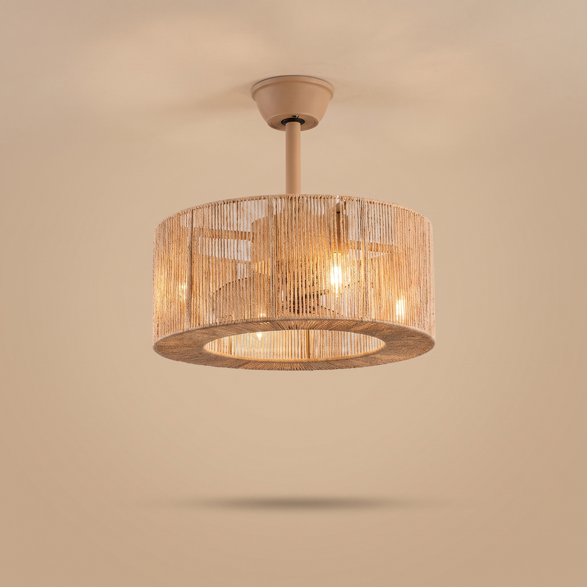 Dune rope wrapped drum ceiling fan with hidden LED, studio product shot