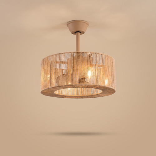 Dune rope wrapped drum ceiling fan with hidden LED, studio product shot