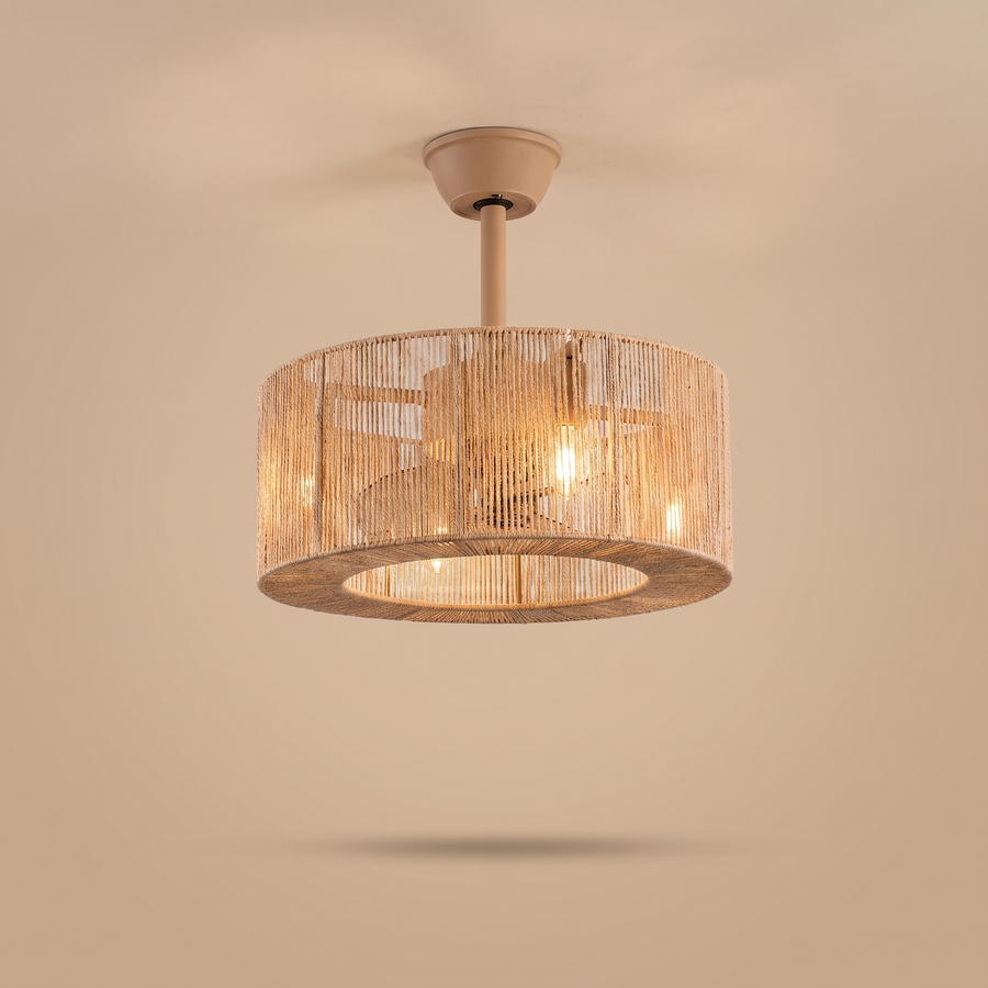 Dune rope wrapped drum ceiling fan with hidden LED, studio product shot