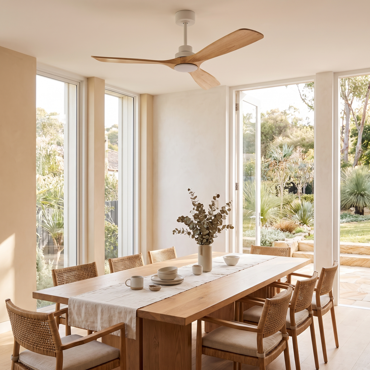 Bronte ceiling fan installed above a dining table