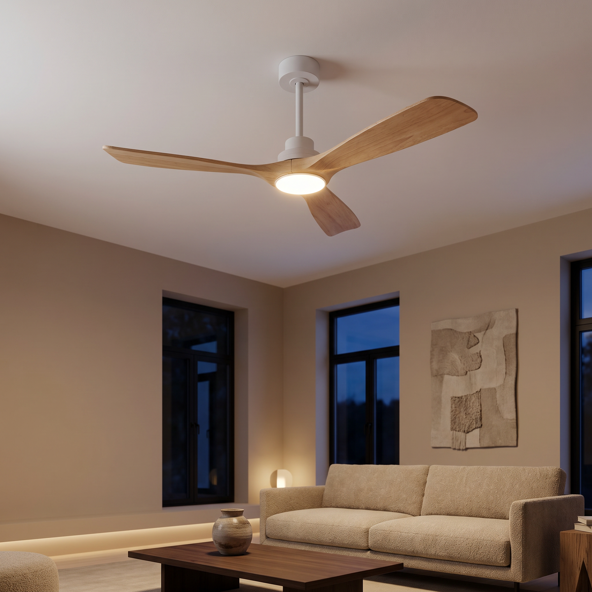 Bronte ceiling fan with its LED lit in the evening