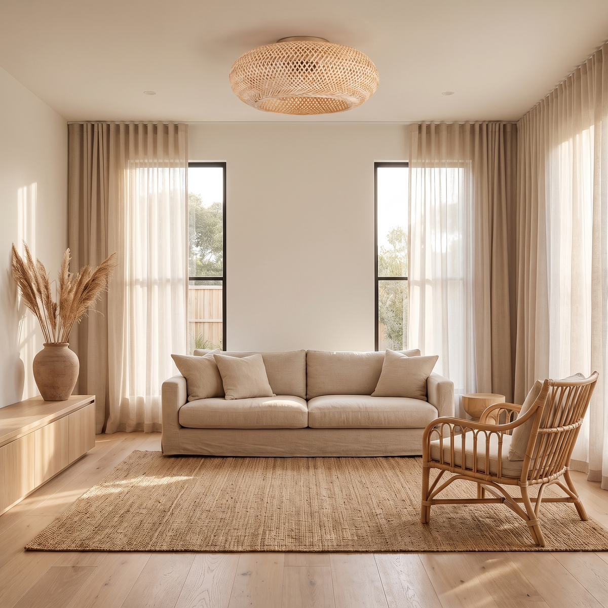 Noosa bamboo ceiling fan installed in a living room