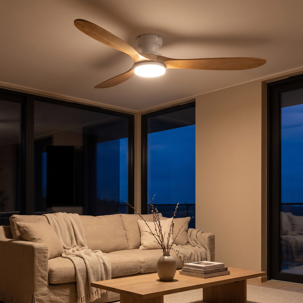 Kiama ceiling fan with its LED lit in the evening