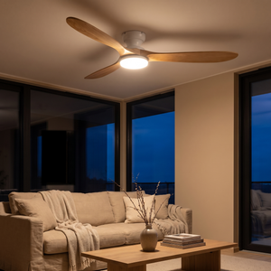 Kiama ceiling fan with its LED lit in the evening