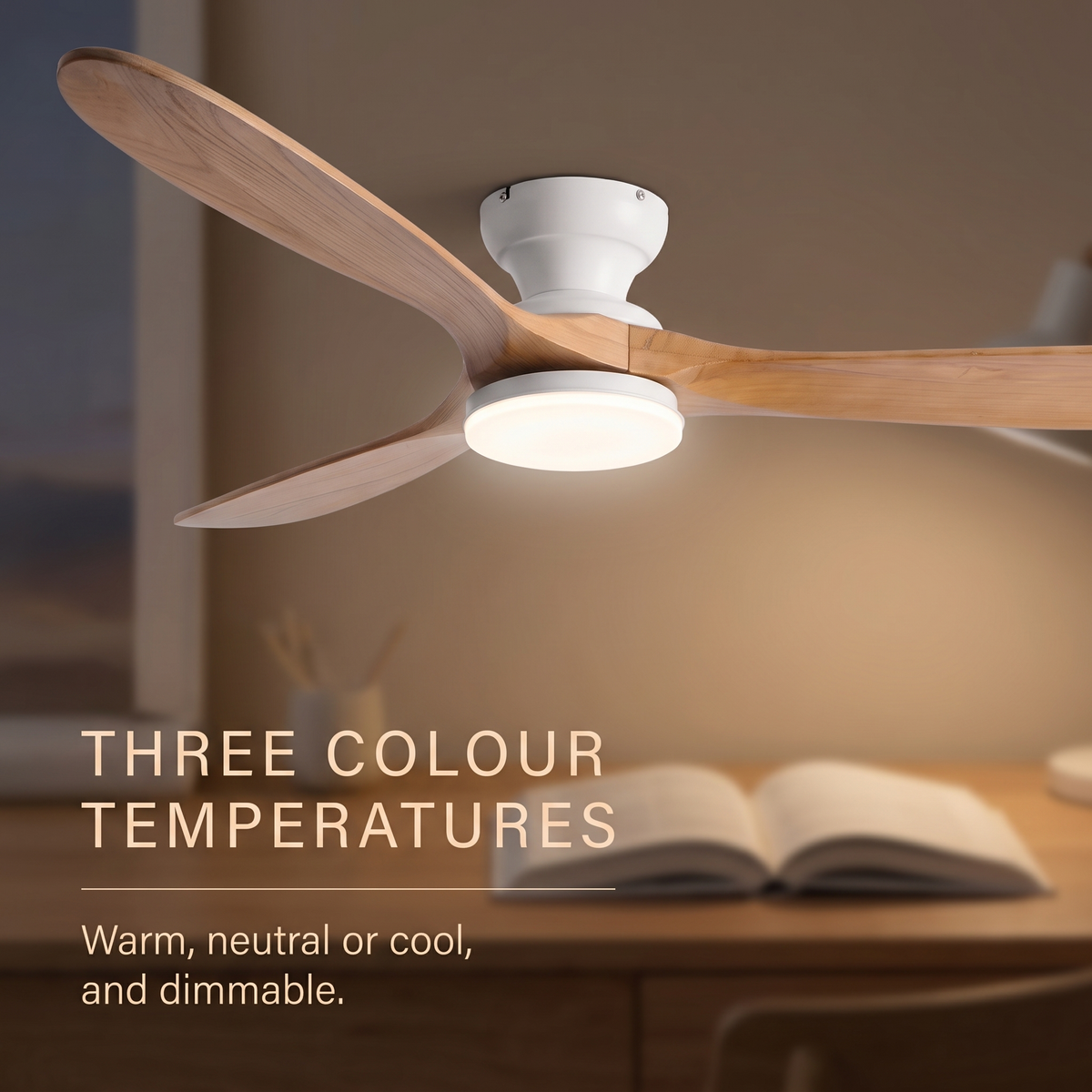Kiama ceiling fan three colour temperatures, dimmable
