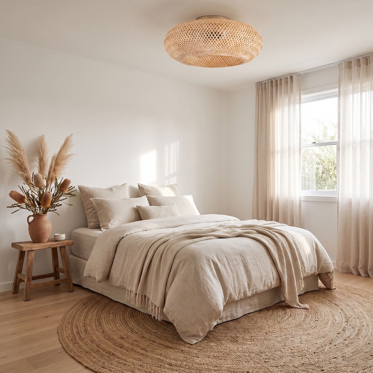 Noosa bamboo ceiling fan installed in a bedroom