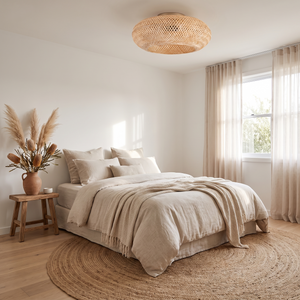 Noosa bamboo ceiling fan installed in a bedroom
