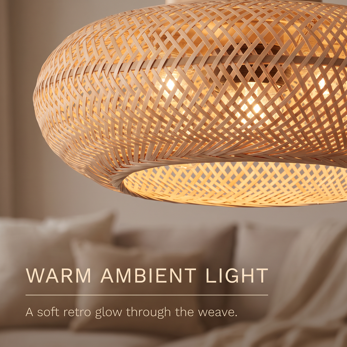 Noosa bamboo ceiling fan warm ambient light through the weave