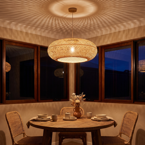 Noosa bamboo ceiling fan lit in the evening