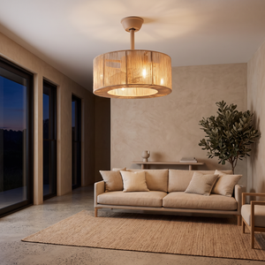 Dune drum ceiling fan with its hidden light on in the evening