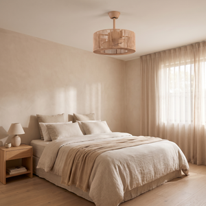 Dune drum ceiling fan installed in a bedroom