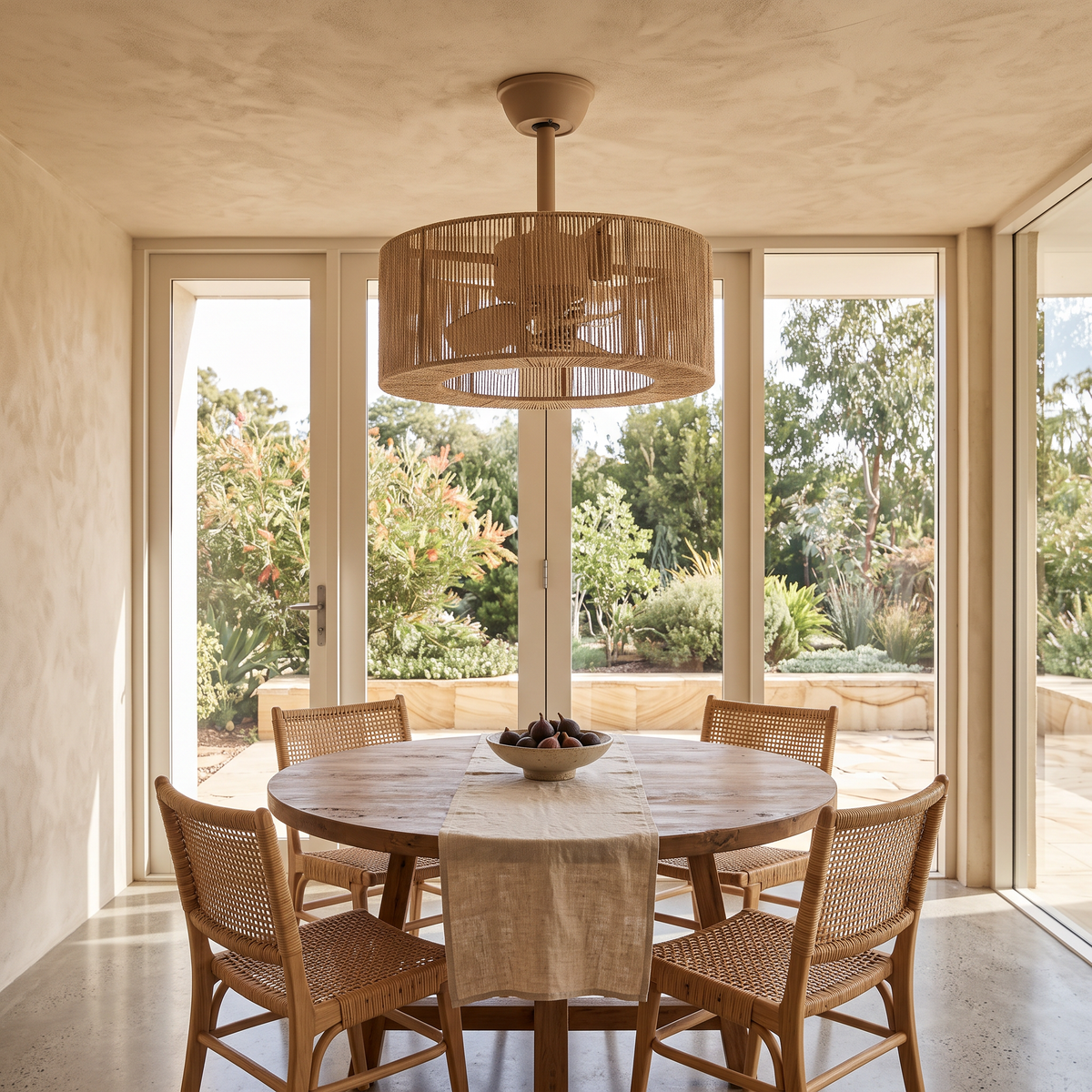 Dune drum ceiling fan installed above a dining table