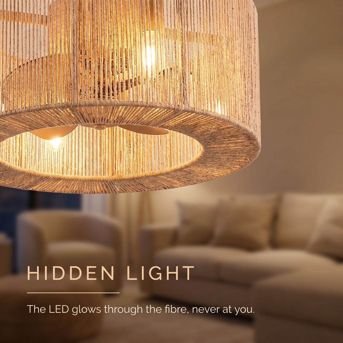 Dune drum ceiling fan hidden LED glowing through the fibre
