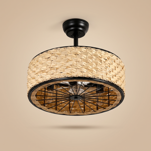Cove rattan cage ceiling fan, studio product shot