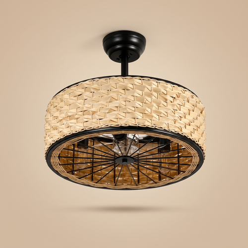 Cove rattan cage ceiling fan, studio product shot