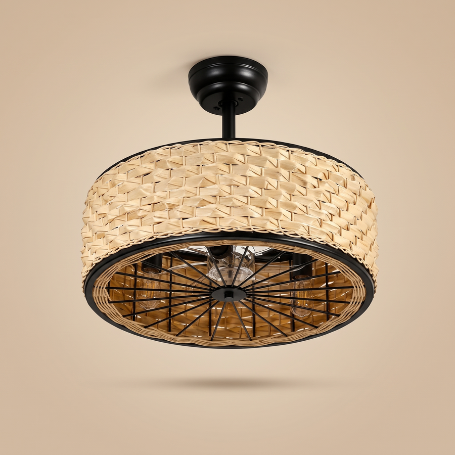 Cove rattan cage ceiling fan, studio product shot