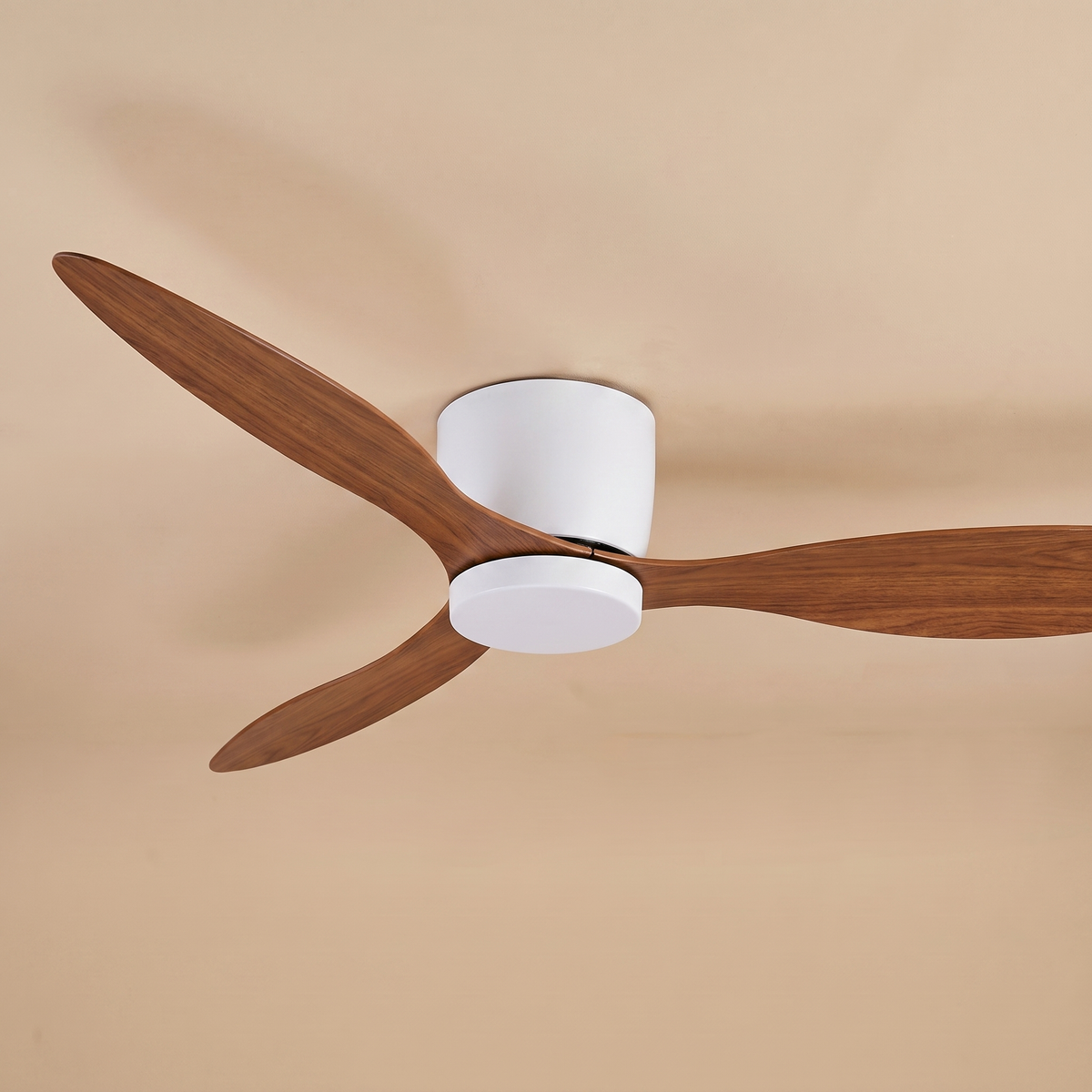 Bondi flush mount ceiling fan in white and brown, studio product shot