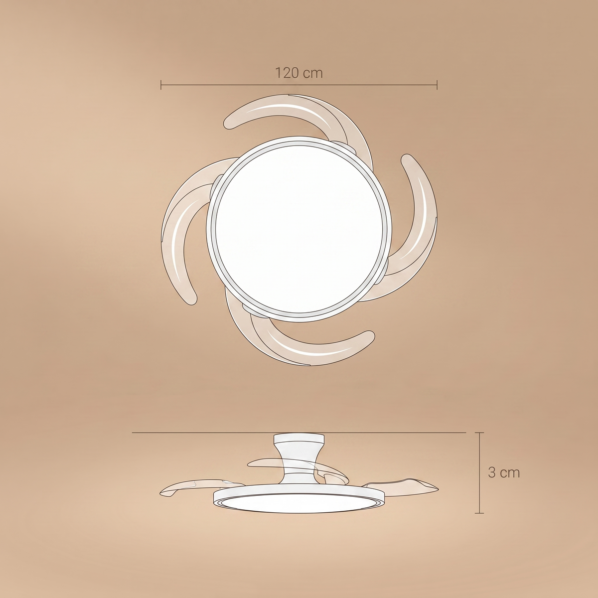 Zephyr ceiling fan dimensions, 120 cm span and 3 cm depth
