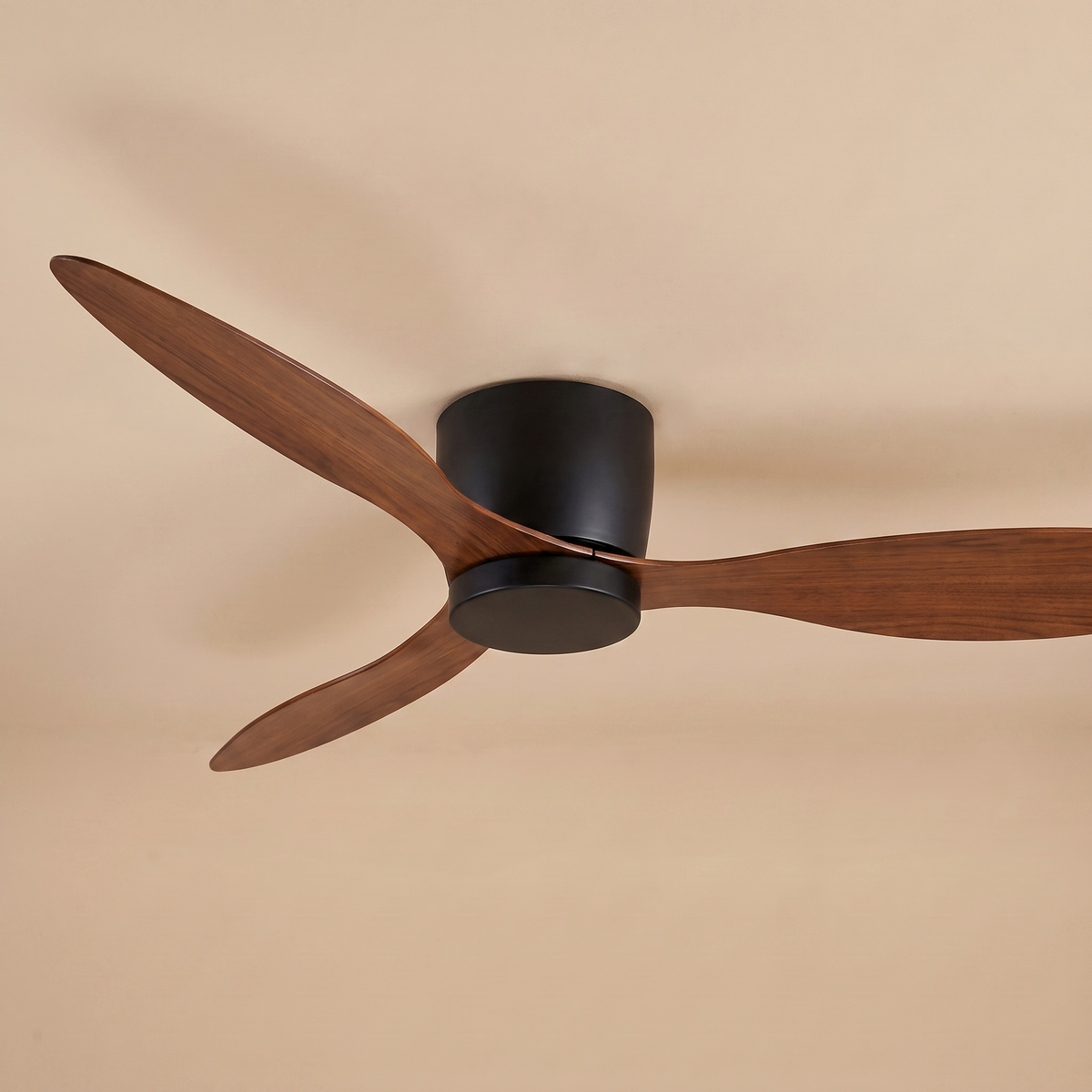 Bondi flush mount ceiling fan in black and brown, studio product shot