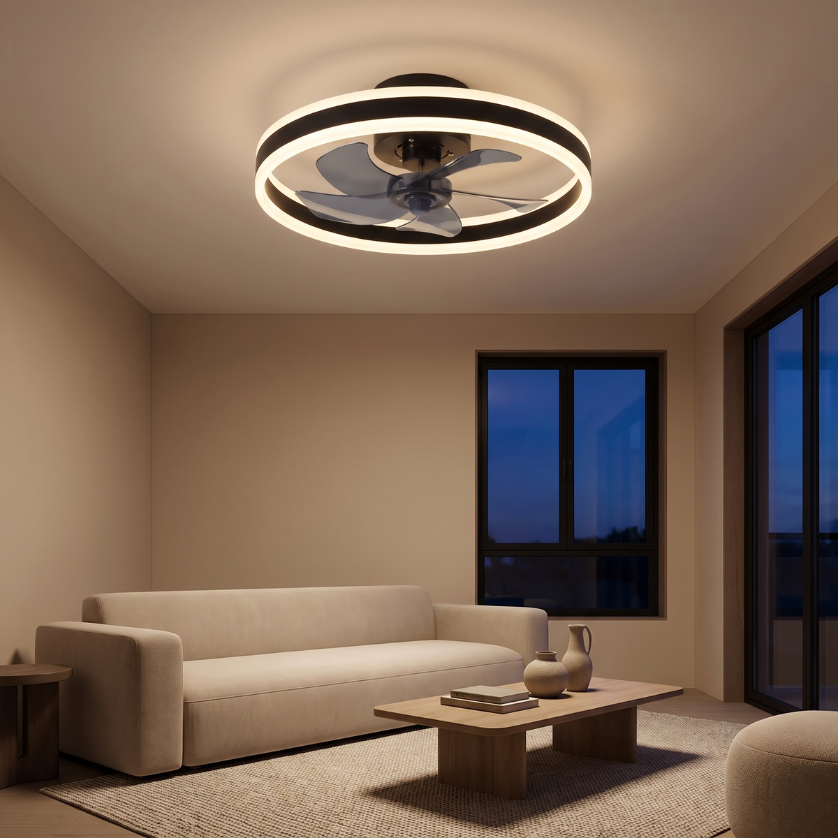 Orbit ceiling fan LED ring lit in the evening