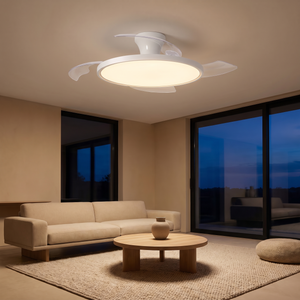 Zephyr ceiling fan with its LED lit in the evening