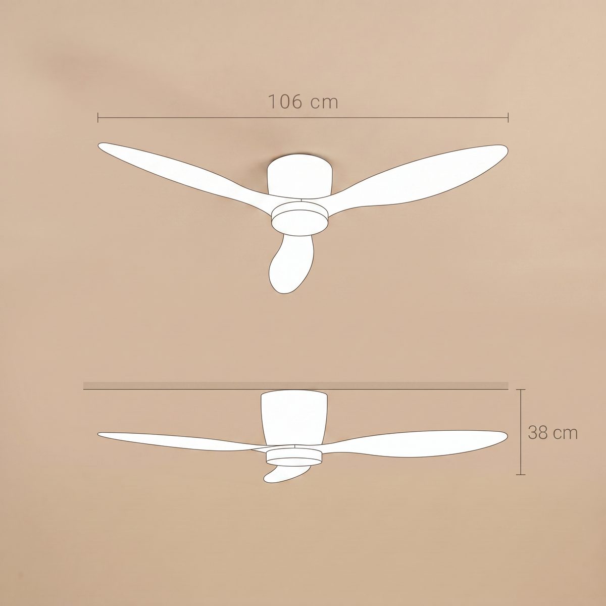 Bondi ceiling fan dimensions, 106 cm span and 38 cm drop