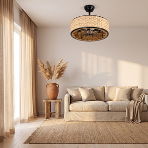 Cove rattan cage ceiling fan installed in a living room