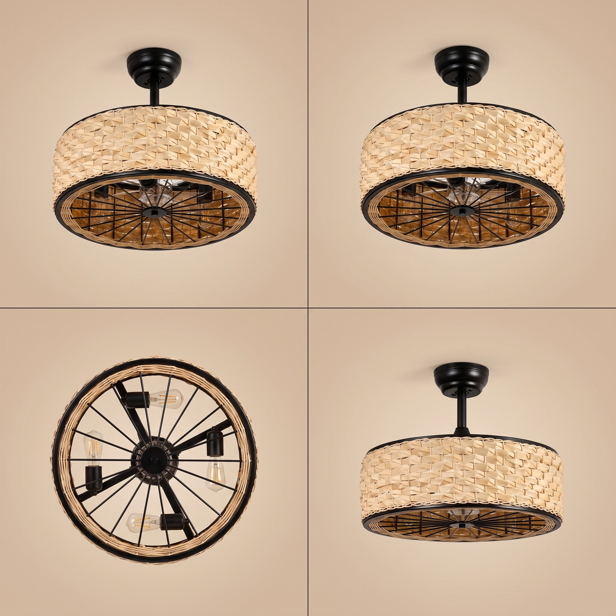 Cove ceiling fan shown from four angles