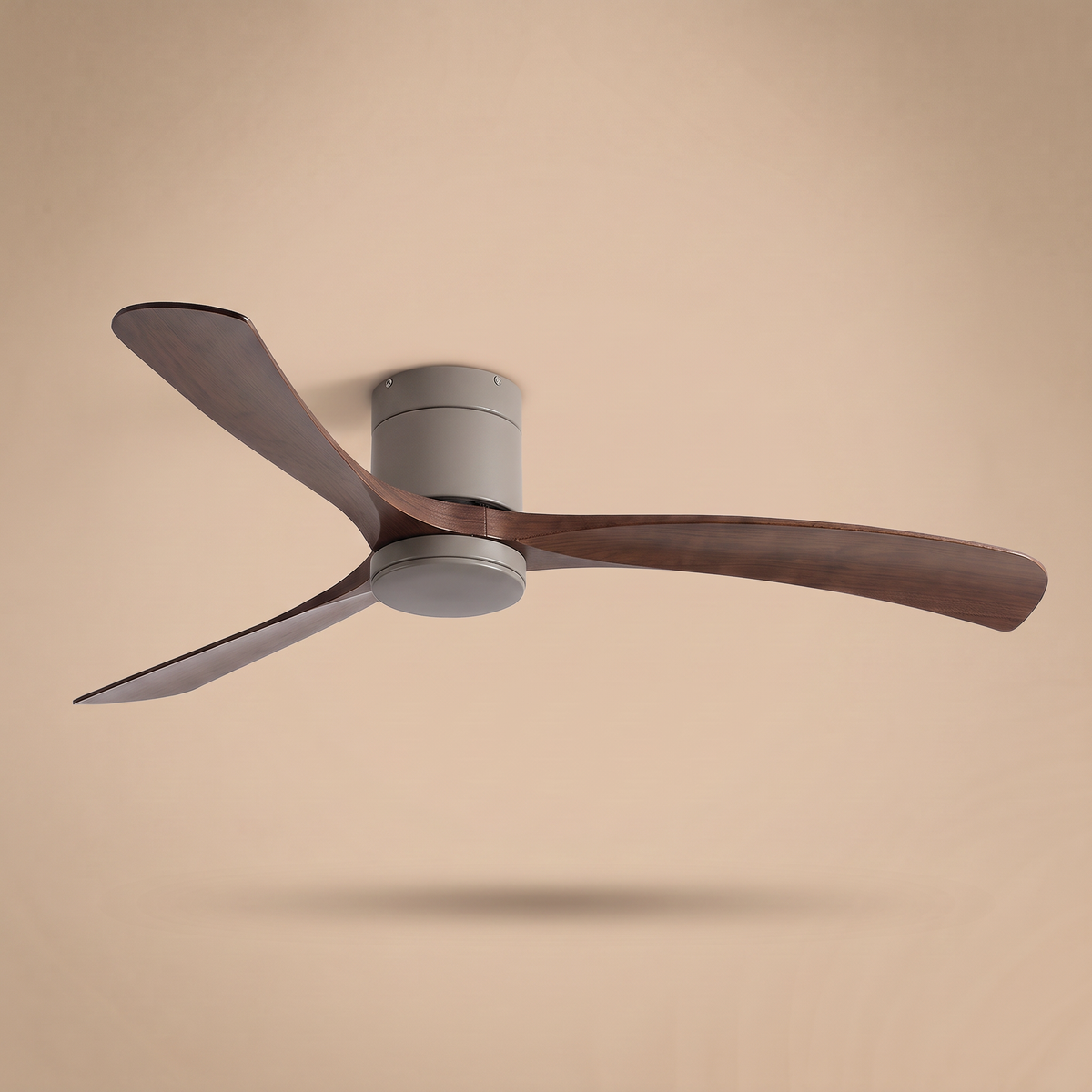 Marlo low profile ceiling fan in grey and walnut, studio product shot