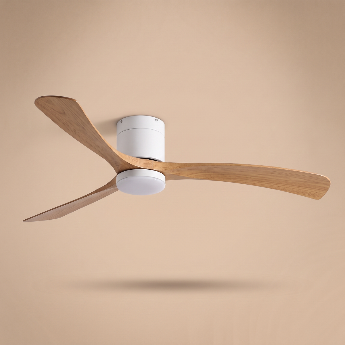 Marlo low profile ceiling fan in white and timber, studio product shot